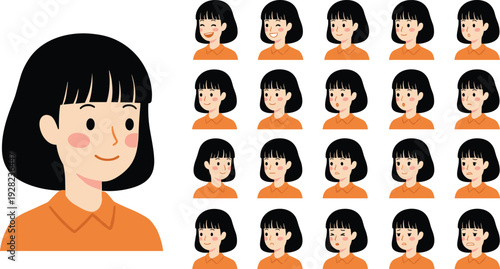 Cute Girl Face Expression Collection with Short Black Hair Showing Multiple Emotions and Reactions, Cartoon Portrait Set Isolated on Light Background