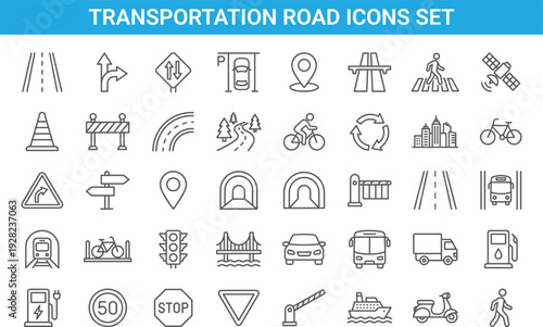 Transportation road icons set, traffic signs vehicles navigation symbols, urban mobility, highway, parking, cycling, public transport vector illustration collection