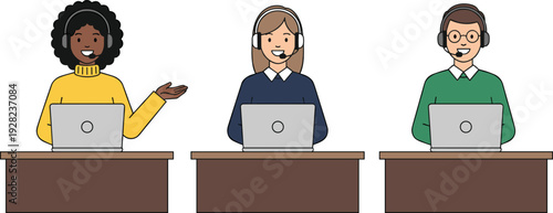 Customer Support Team Working with Headsets and Laptops at Desk, Diverse Call Center Operators Illustration Isolated on Light Background