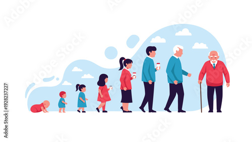 Infographic illustration shows the progression of human aging from a crawling baby to an elderly man with a walking cane.