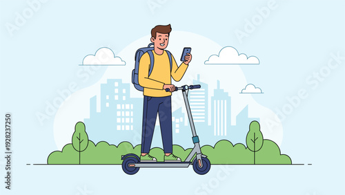 Smiling man rides an electric kick scooter through a city park while checking his mobile phone for navigation or messages.