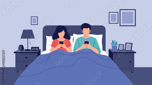 Young couple sits together in bed at night while ignoring each other and focusing on their individual smartphone screens.