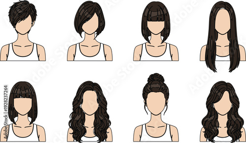 Women Hairstyle Collection Featuring Short, Bob, Bangs, Long and Curly Haircuts, Fashion Beauty Illustration Set Isolated on Light Background