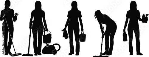 House cleaning service silhouette vector illustration set, professional female cleaner with vacuum and supplies, domestic maintenance concept, black isolated figures collection