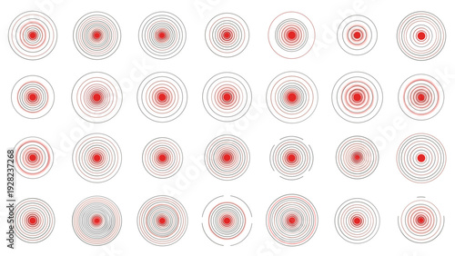 Collection of red and white concentric circle target icons with varying line thicknesses for precision and shooting themes.