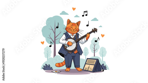 Talented ginger cat busker wears a suit and plays a banjo while performing music for tips in a green forest park setting.