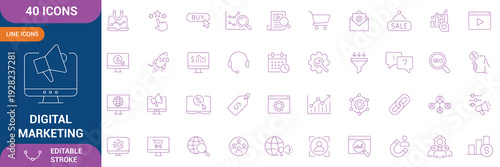 Digital Marketing Icons Set. digital marketing, social media, SEO, search engine, content marketing, email marketing, analytics, advertising, branding and etc. Editable stroke. Vector illustration