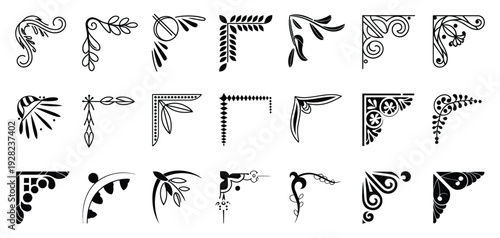 Hand Drawn Ornamental Corners with Filigree Scrolls and Art Nouveau Flourishes, Vintage Borders and Retro Invitation Trim, Baroque Scrapbook Labels, Black Silhouette Lace Edging Vector Set