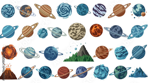 Diverse set of pixel art celestial bodies including planets with rings asteroids and distant stars for retro space games.