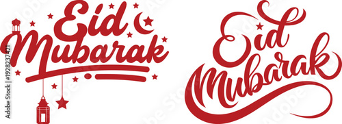 Eid Mubarak icon set hand lettering typography collection in red and black color featuring modern calligraphy styles with crescent moon and Islamic decorative elements.