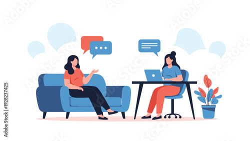 Professional therapist or consultant talks with a woman on a sofa while taking notes on a laptop in a calm office setting.