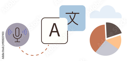 Translation apps, AI technology, speech recognition, multilingual communication, cloud data, analytics. Voice mic, translation symbols pie chart and cloud icons. Translation and AI technology