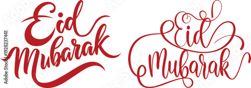 Eid Mubarak icon set hand lettering typography collection in red and black color featuring modern calligraphy styles with crescent moon and Islamic decorative elements.