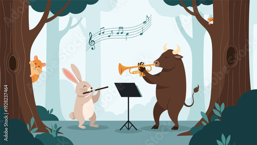 Musical rabbit and bull perform a duet in a lush green forest while other small animals watch from the hollows of trees.