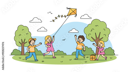 Group of happy young children runs and plays together in a green park while flying a bright yellow kite in the windy sky.