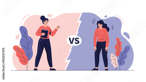 Split screen illustration compares two different emotional states with a confident woman on one side and a sad woman on other.