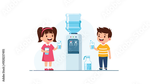 Two young children smile as they fill their glasses with fresh clean water from a tall bottled water cooler in a room.