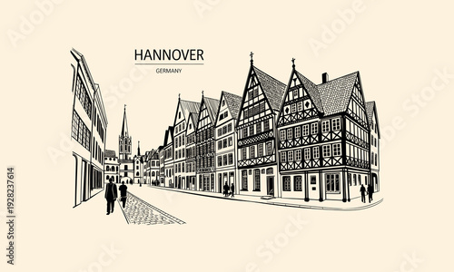Hannover Germany historic half-timbered houses and cobblestone street sketch historic buildings