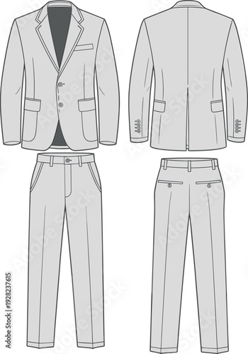 Men Classic Two Piece Suit Blazer and Trousers Technical Fashion Illustration Flat Sketch Template Front and Back View for Apparel Design CAD
