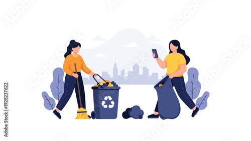 Two women work together to clean up their neighborhood by sweeping litter and placing garbage into a blue recycling bin.