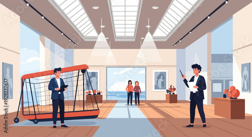 Men Standing in Modern Art Gallery Interior.