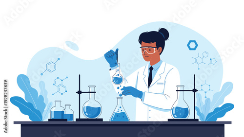 Professional female scientist in a lab coat and safety goggles conducts chemical research with blue liquids in glassware.