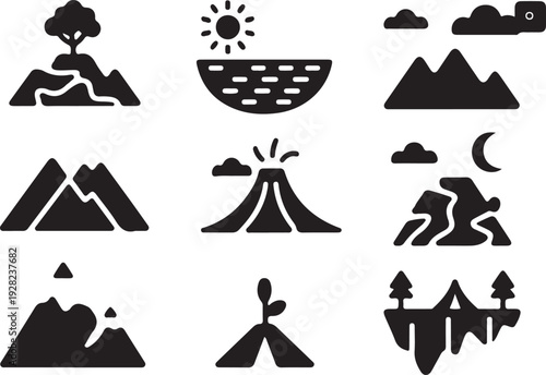 hand drawn landscape nature park hill black silhouette icon set vector illustration 