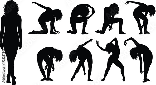Woman silhouette collection in expressive dance and stretching poses isolated on white background vector illustration set
