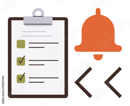 Task management, productivity, reminders, notifications, planning, organization. A checklist with ticked boxes next to a notification bell. Productivity and reminders concept