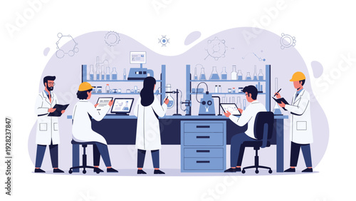 Professional team of diverse scientists and engineers conducts research and experiments in a high tech laboratory environment.