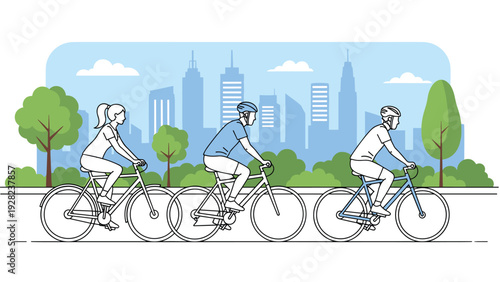 Group of active people rides bicycles along a park pathway with a modern city skyline and tall buildings in the background.