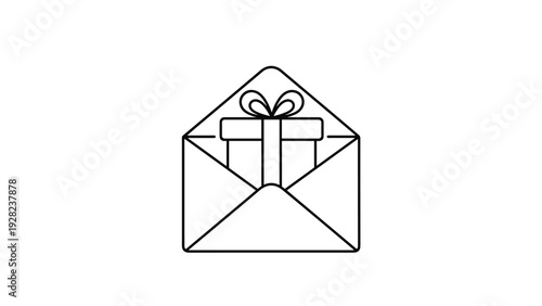 Open envelope containing a wrapped gift box icon symbolizes a digital invitation, special surprise, or an online reward program.
