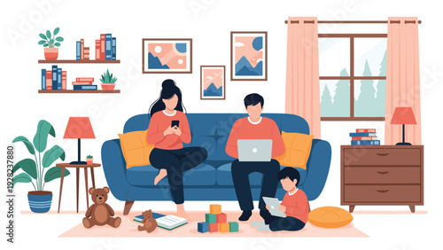 Young family spends time together in their modern living room while using various electronic devices for work and entertainment.