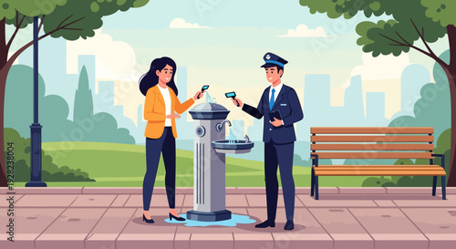 Woman and Policeman Using Smart Trash Can.