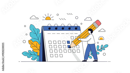 Organized man uses a giant pencil to mark important dates and scheduled tasks on a large blue and white standing calendar.