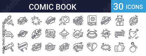 Comic Book Speech Bubble Set of 30 Thin Line Vector Icons