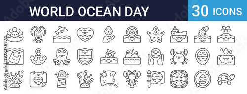 World Ocean Day Set of 30 Thin Line Vector Icons