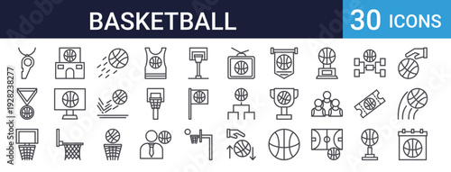 Basketball Sports Icons Set of 30 Thin Line Vector