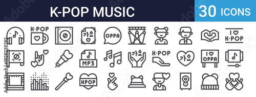 K-Pop Music Icons Set of 30 Thin Line Vector