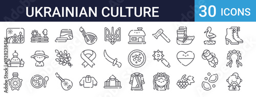 Ukrainian Culture Icons Set of 30 Thin Line Vector