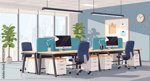 Modern Office Workstations with Computers and Chairs.