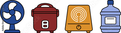 Dorm essentials, boarding house, student life, household appliances, electronic icons, flat line art, bold stroke, minimalist, daily needs, vector set, thick outline.