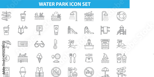 Water park icon set, swimming pool, summer vacation, slides, beach, recreation, fun activities, leisure, modern line vector illustration