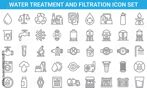 Water treatment and filtration icon set, wastewater purification, industrial plumbing symbols, clean drinking water, environmental sustainability, vector line icons collection