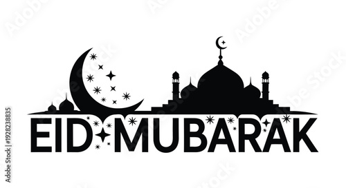 Eid mubarak greeting featuring a crescent moon stars and a mosque silhouette