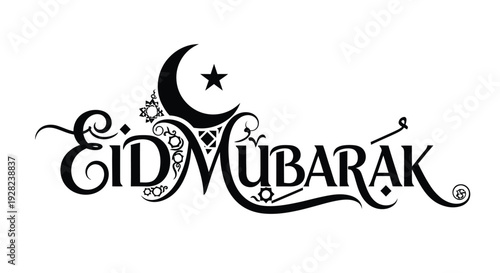 Elegant eid mubarak calligraphy with a crescent moon and star illustration