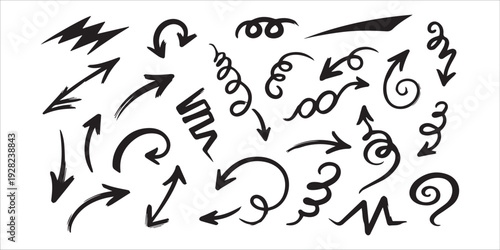 Collection of hand drawn arrows and swirling shapes
