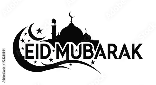 Eid mubarak greeting with a crescent moon stars and a mosque silhouette