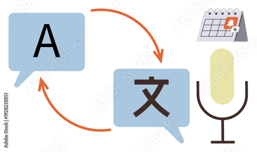 Language learning, communication tools, international business, technology, education, translation services. Speech bubble with arrows, microphone and calendar. Language learning and communication