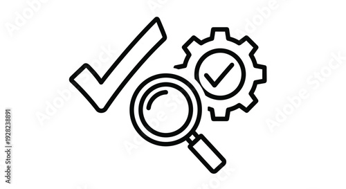 Line art illustration featuring a checkmark gears and a magnifying glass